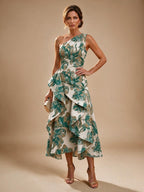 Jacquard A Line One Shoulder Ruffles Corset Mother of the Bride & Groom Dresses - Teal
