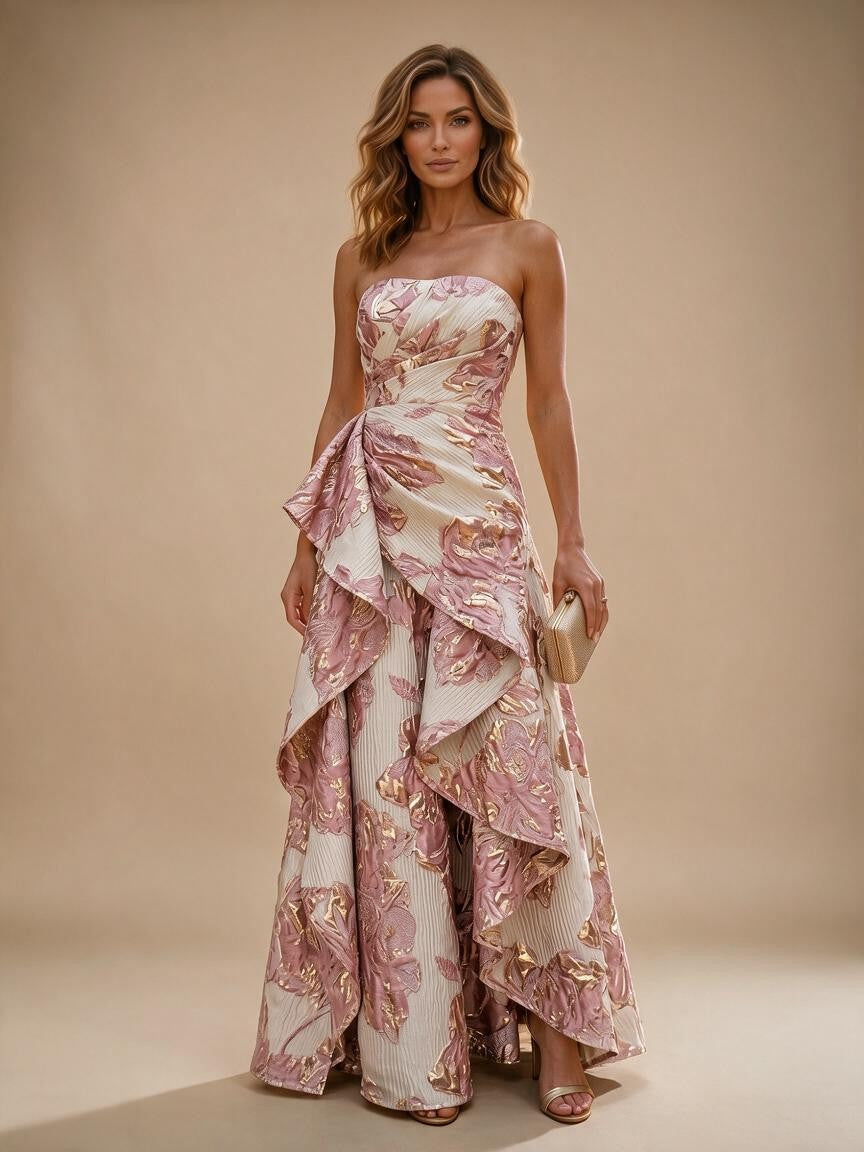 Jacquard A-Line/Princess Strapless Floor-Length Evening Dresses with Ruffles - Blush Pink