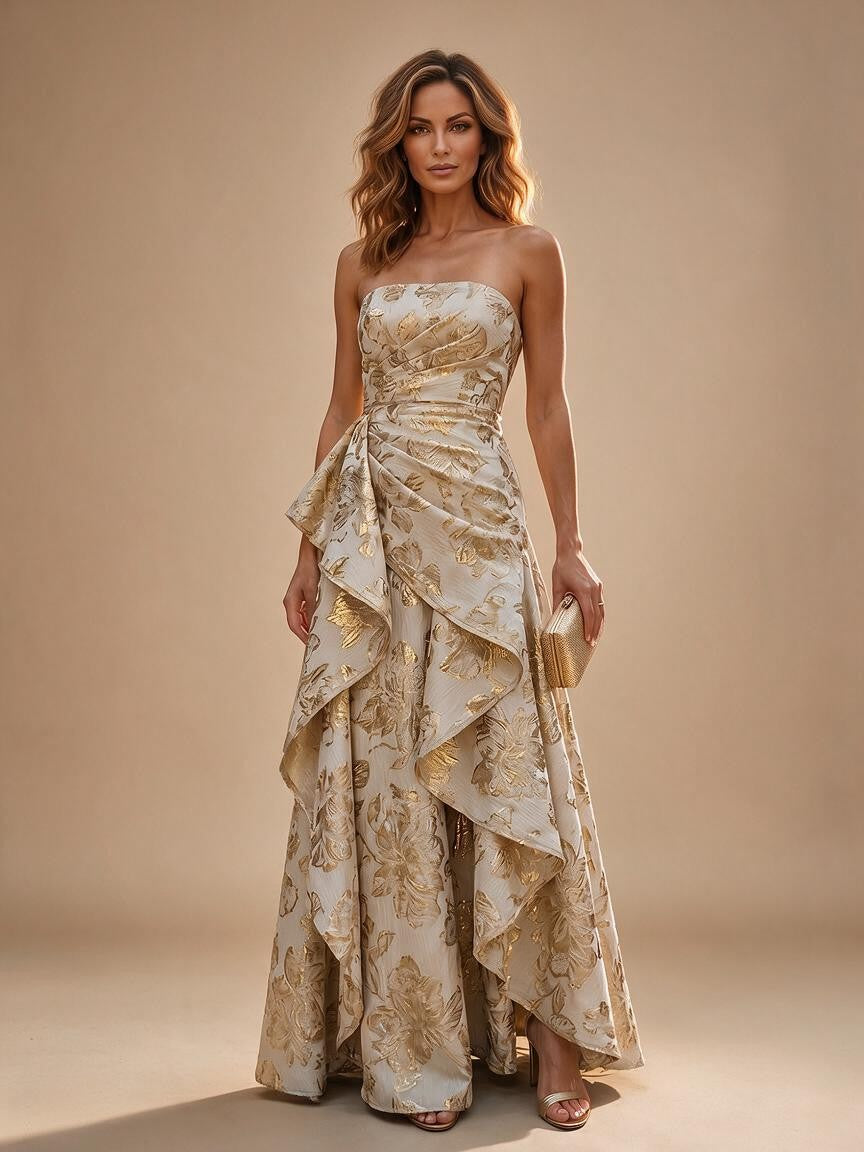 Jacquard A-Line/Princess Strapless Floor-Length Evening Dresses with Ruffles - Champagne
