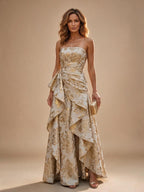 Jacquard A-Line/Princess Strapless Floor-Length Evening Dresses with Ruffles - Champagne