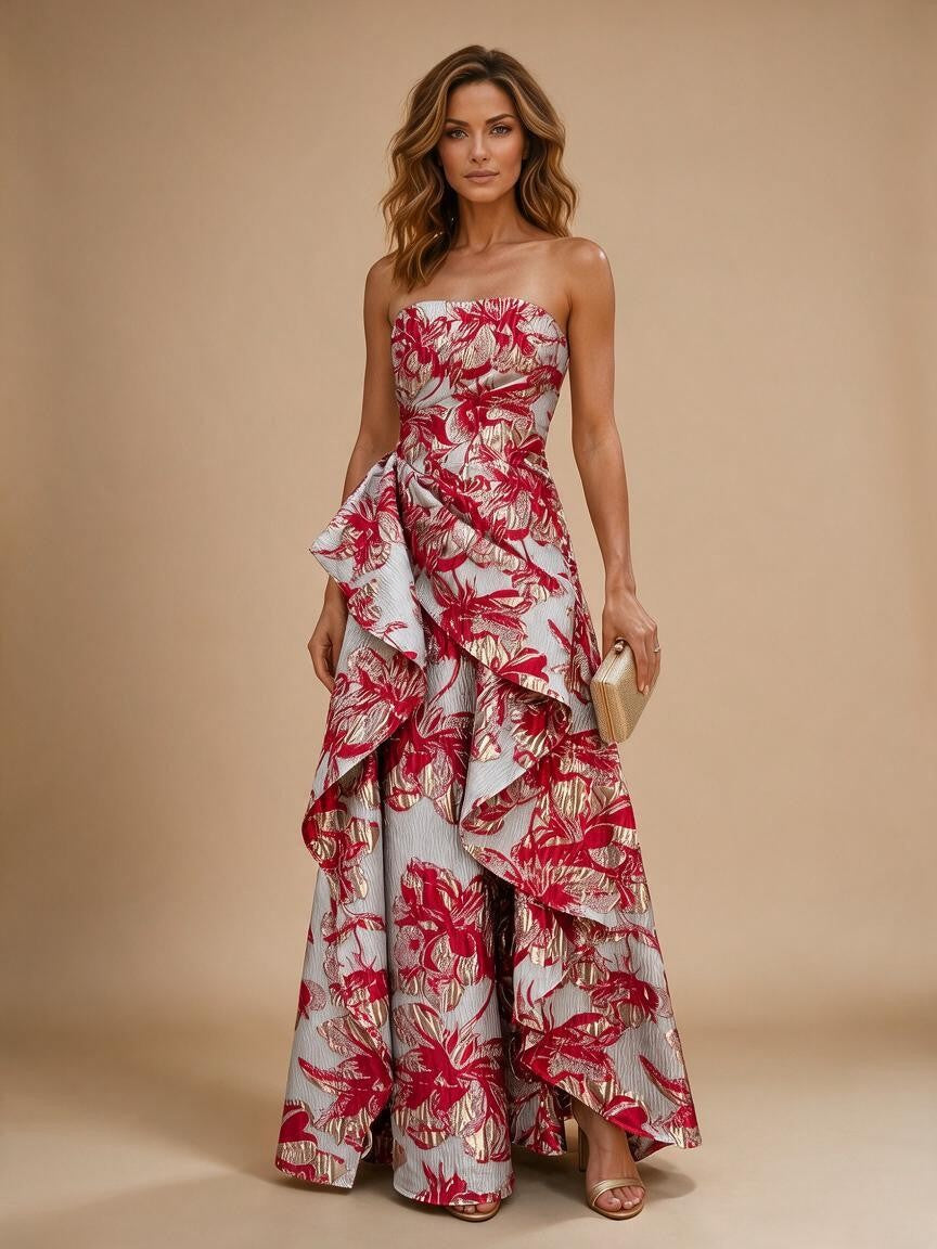 Jacquard A-Line/Princess Strapless Floor-Length Evening Dresses with Ruffles - Red