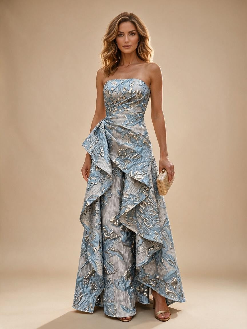 Jacquard A-Line/Princess Strapless Floor-Length Evening Dresses with Ruffles - Light Blue