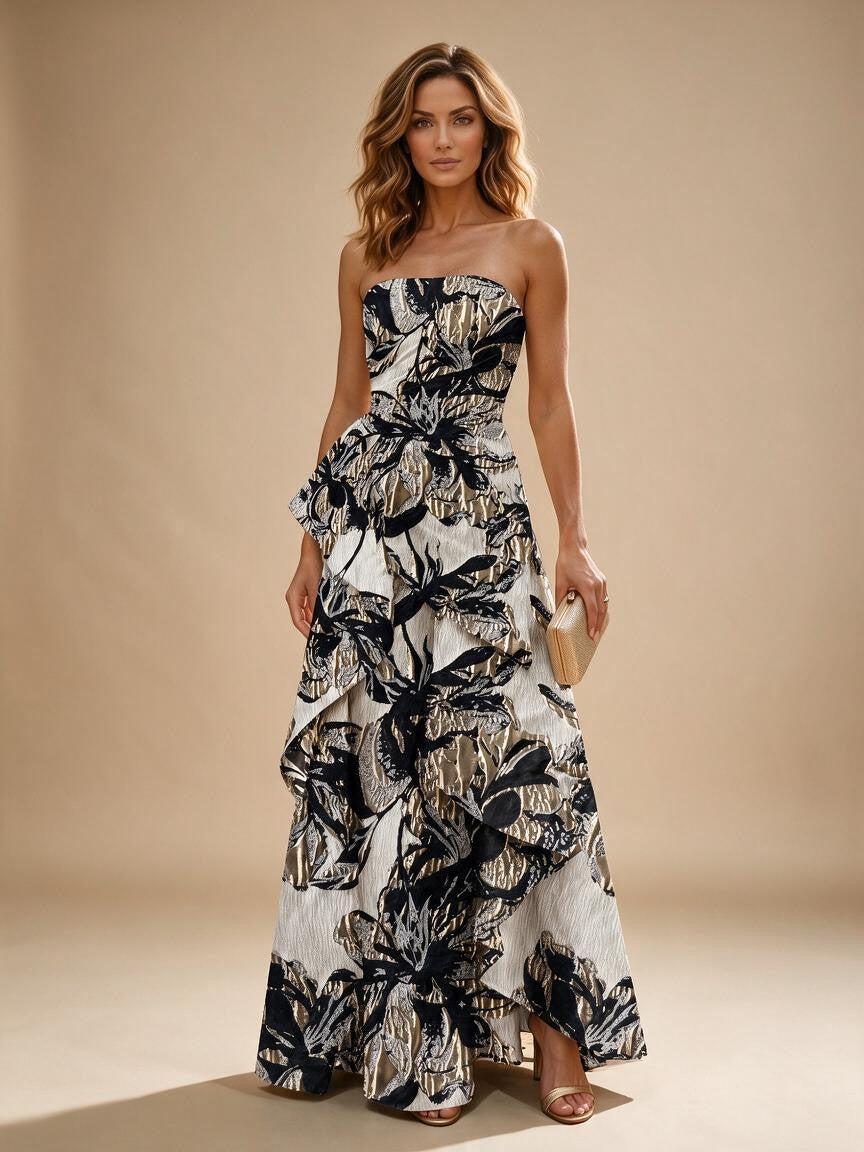 Jacquard A-Line/Princess Strapless Floor-Length Evening Dresses with Ruffles - Black