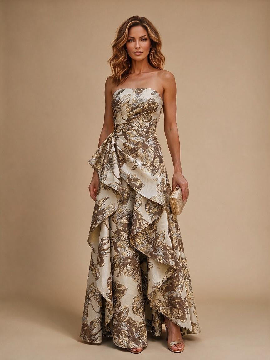 Jacquard A-Line/Princess Strapless Floor-Length Evening Dresses with Ruffles - Brown