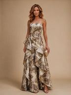 Jacquard A-Line/Princess Strapless Floor-Length Evening Dresses with Ruffles - Brown