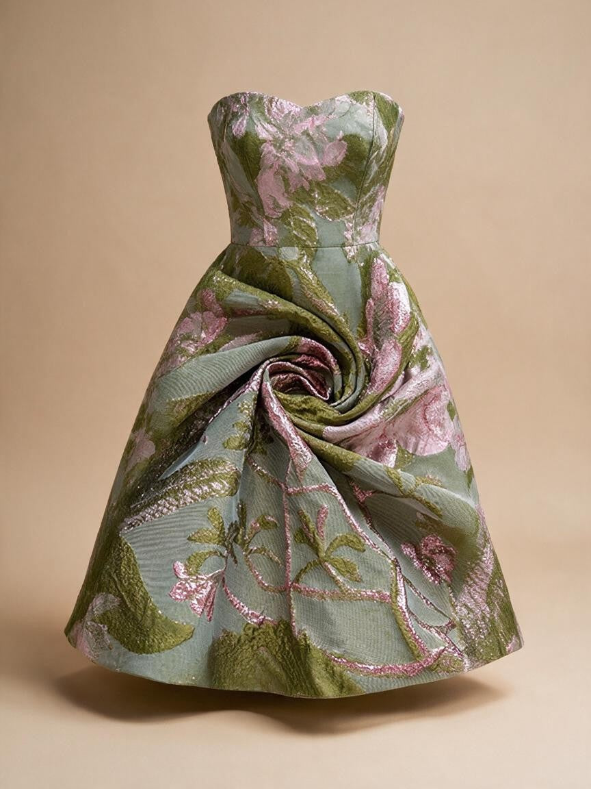 Jacquard A-Line/Princess Strapless Floor-Length Evening Dresses with Ruffles - Pink Green