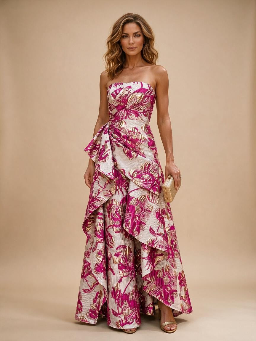 Jacquard A-Line/Princess Strapless Floor-Length Evening Dresses with Ruffles - Fuchsia