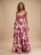 Jacquard A-Line/Princess Strapless Floor-Length Evening Dresses with Ruffles - Fuchsia