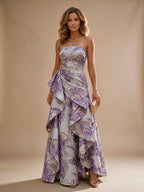 Jacquard A-Line/Princess Strapless Floor-Length Evening Dresses with Ruffles - Lilac