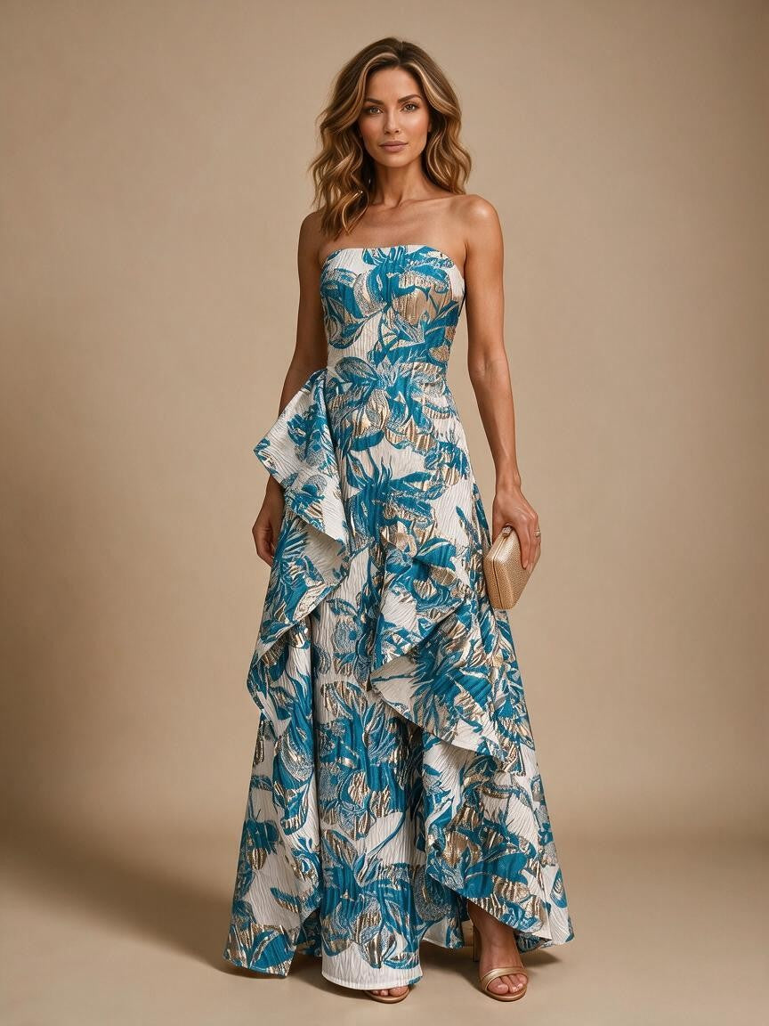 Jacquard A-Line/Princess Strapless Floor-Length Evening Dresses with Ruffles - Blue