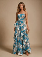 Jacquard A-Line/Princess Strapless Floor-Length Evening Dresses with Ruffles - Blue