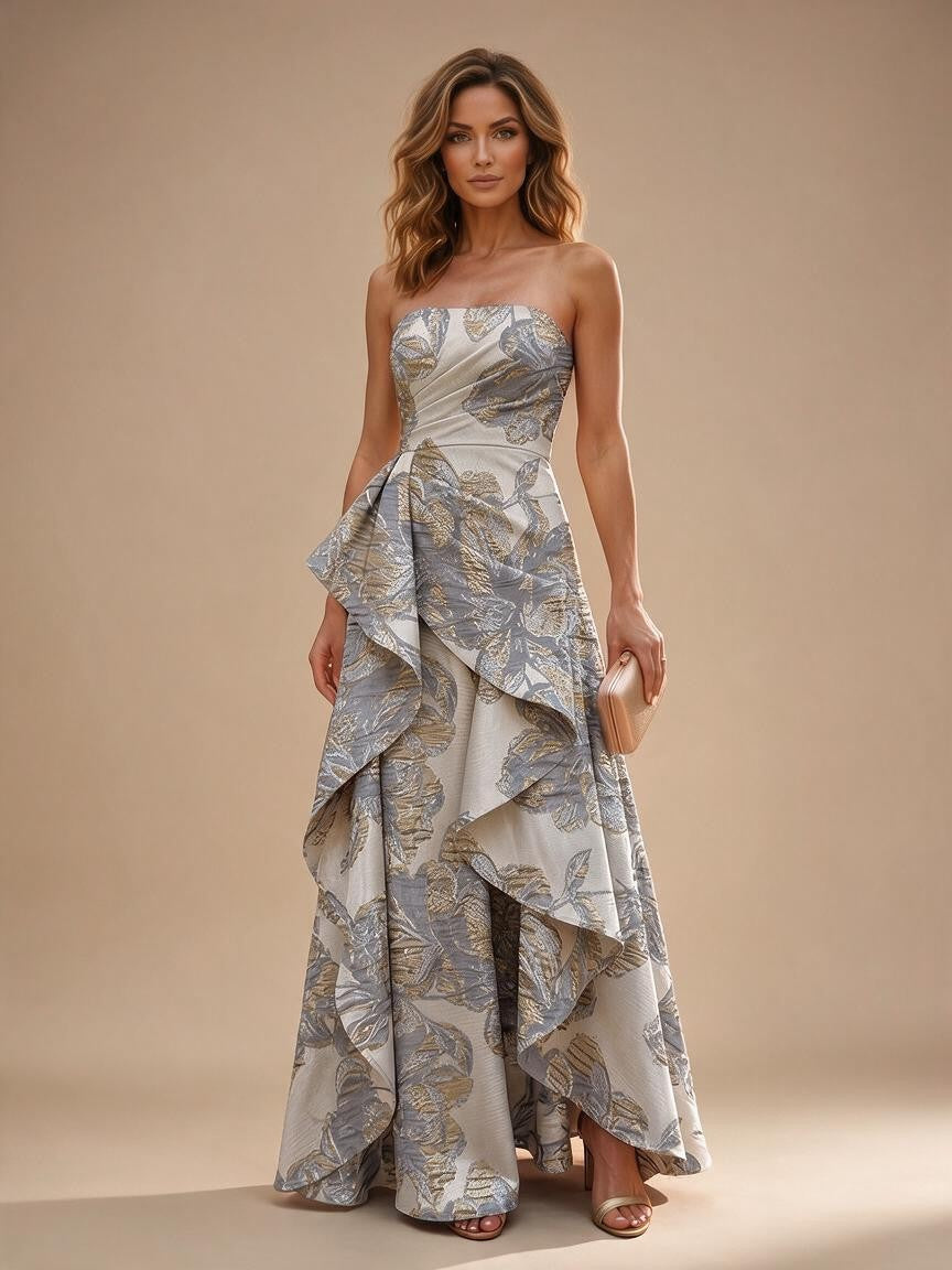 Jacquard A-Line/Princess Strapless Floor-Length Evening Dresses with Ruffles - Dusty Blue