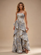 Jacquard A-Line/Princess Strapless Floor-Length Evening Dresses with Ruffles - Dusty Blue