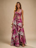Jacquard A Line V Neck Ruffles Corset Mother of the Bride & Groom Dresses - Fuchsia