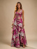 Jacquard A Line V Neck Ruffles Corset Mother of the Bride & Groom Dresses - Fuchsia