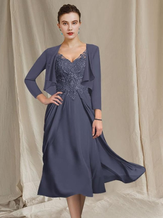 A-Line/Princess V-Neck Tea-Length Mother of the Bride Dresses Hover Image