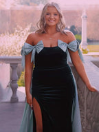 Zia | Off the Shoulder Pink Mermaid Long Velvet Prom Dress with Bows by KissProm
