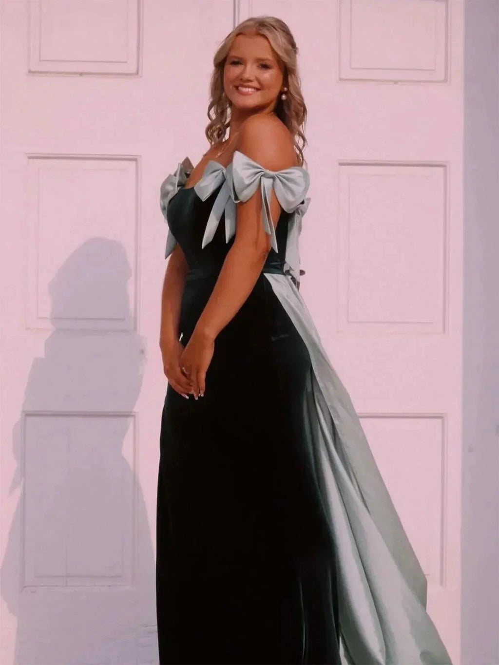 Zia | Off the Shoulder Pink Mermaid Long Velvet Prom Dress with Bows by KissProm