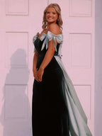 Zia | Off the Shoulder Pink Mermaid Long Velvet Prom Dress with Bows by KissProm