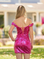 Sheath Fuchsia Off the Shoulder Sequin Short Homecoming Dress by KissProm