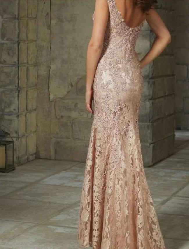 Mermaid Party Dress Elegant Floral Wedding Guest Formal Evening Dress Scoop Neck Sleeveless Floor Length Lace with Lace Insert Pattern / Print Main Image